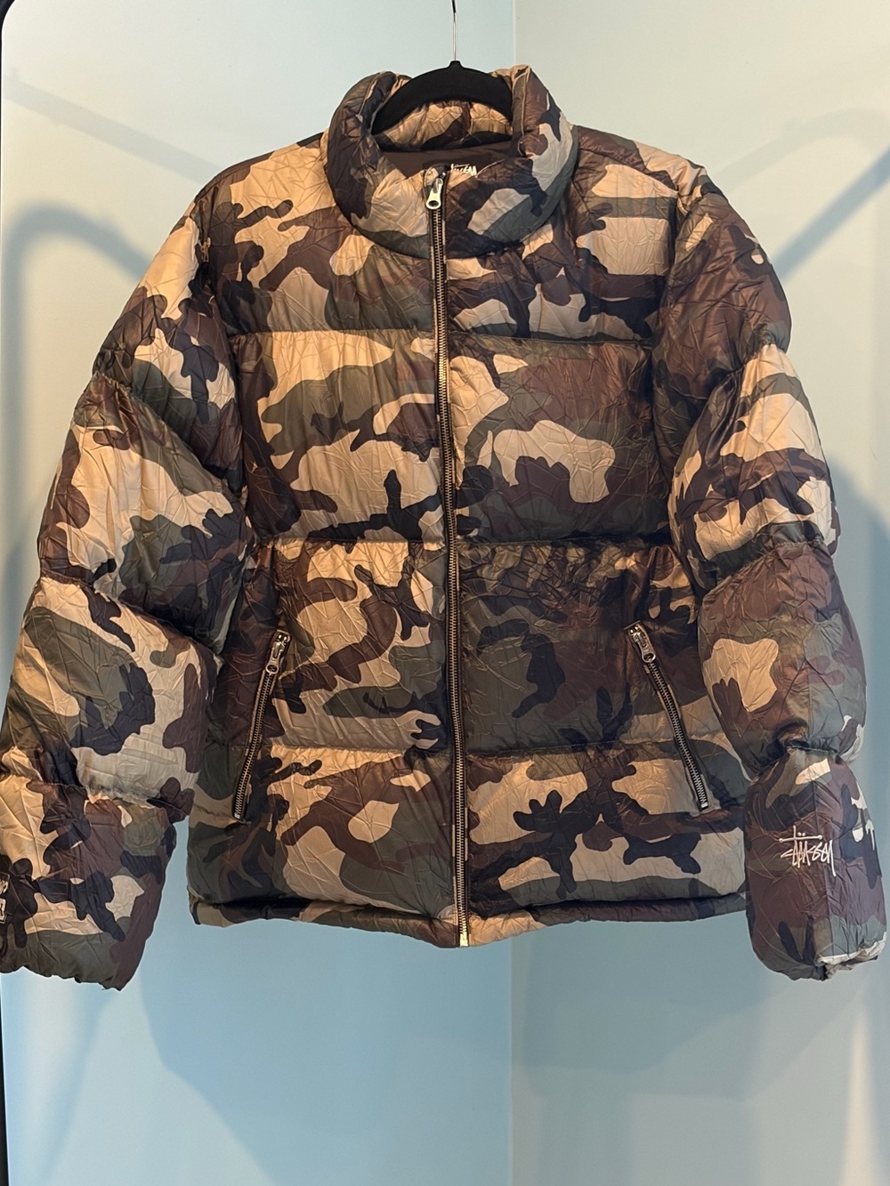 Stussy Wrinkled Nylon Down Puffer Jacket, Woodland Camo